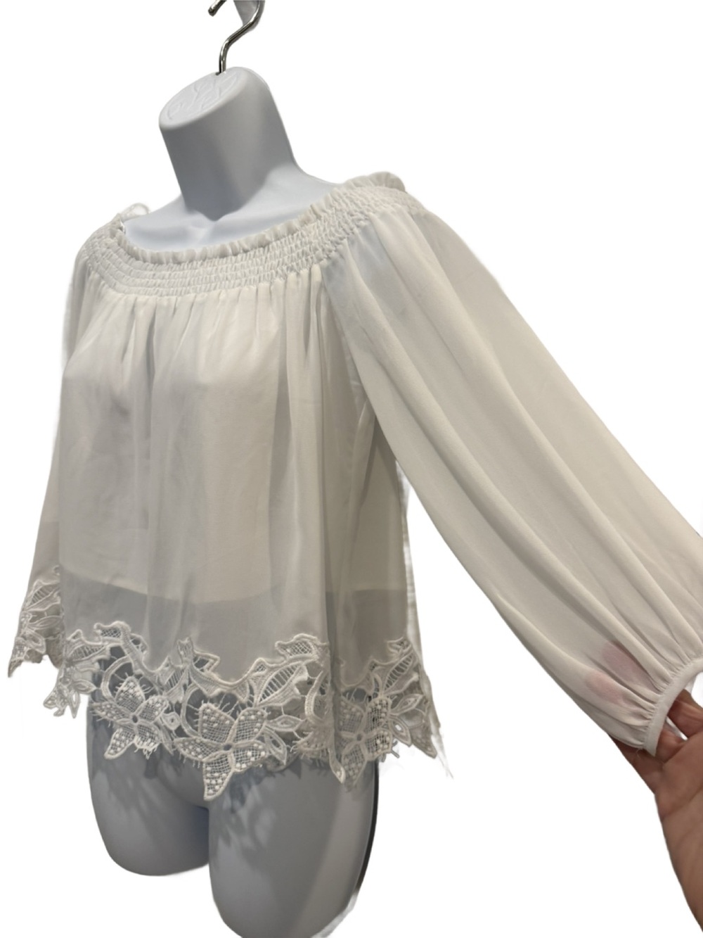 All in Favor White Off-Shoulder Lace Hem Blouse - Picture 5 of 8